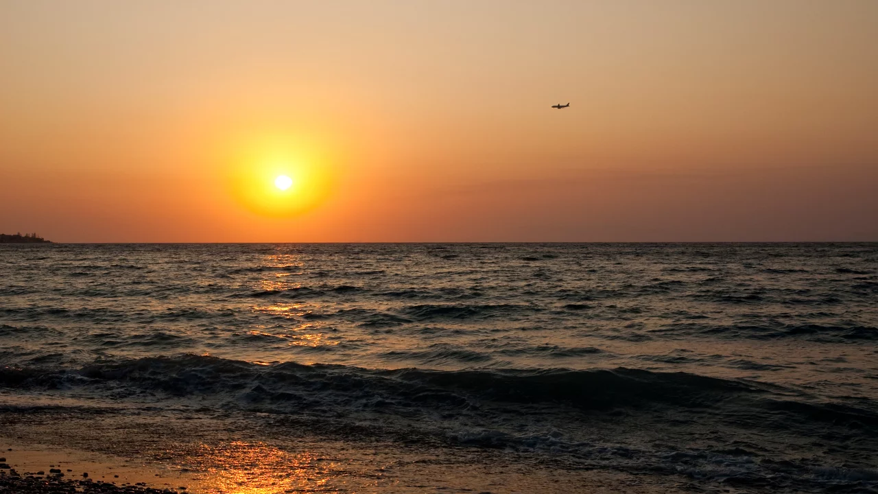 закат, море, побережье, сомолет