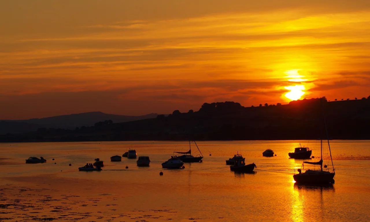 закат, море, лодки, вода