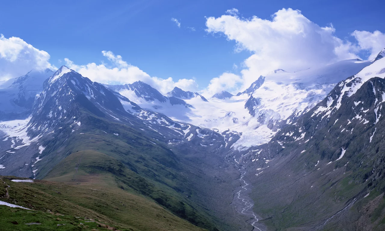 горы, река, небо