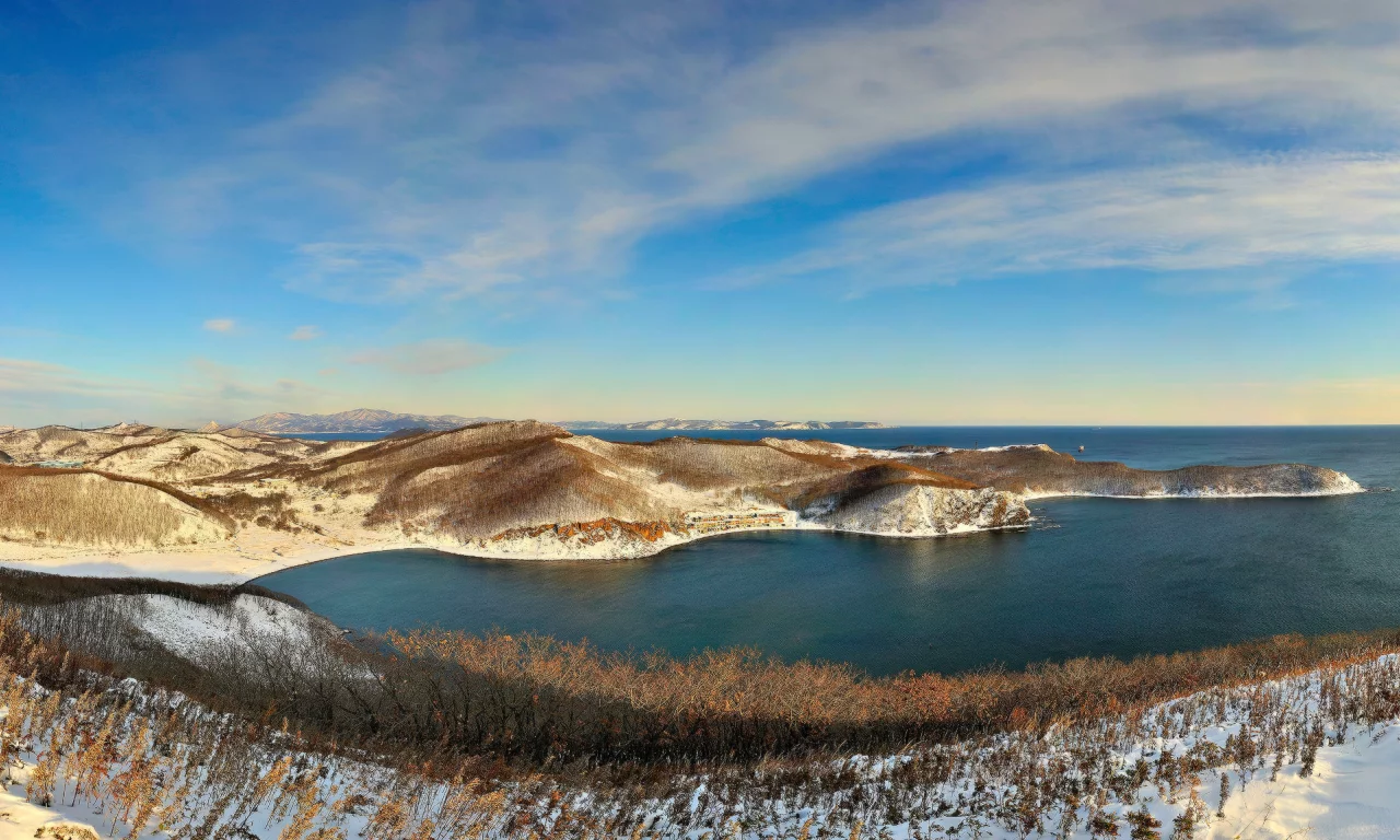 холмы, зима, панорама, море, снег