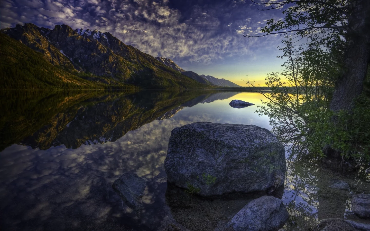 камень, вода, берег, небо, закат