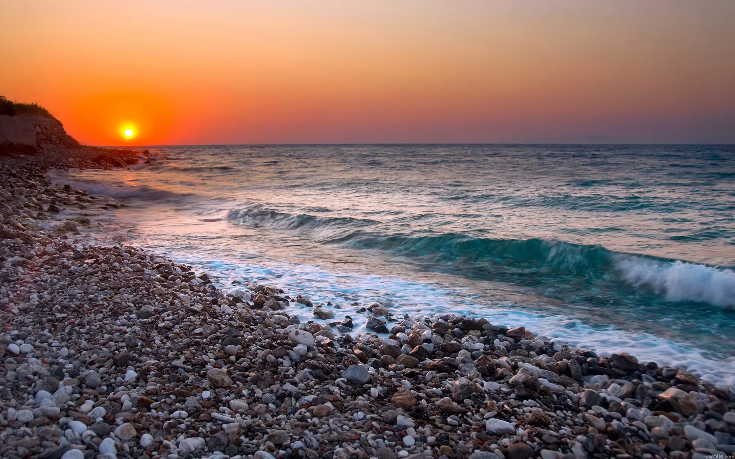 галька, горизонт, закат, море, волны