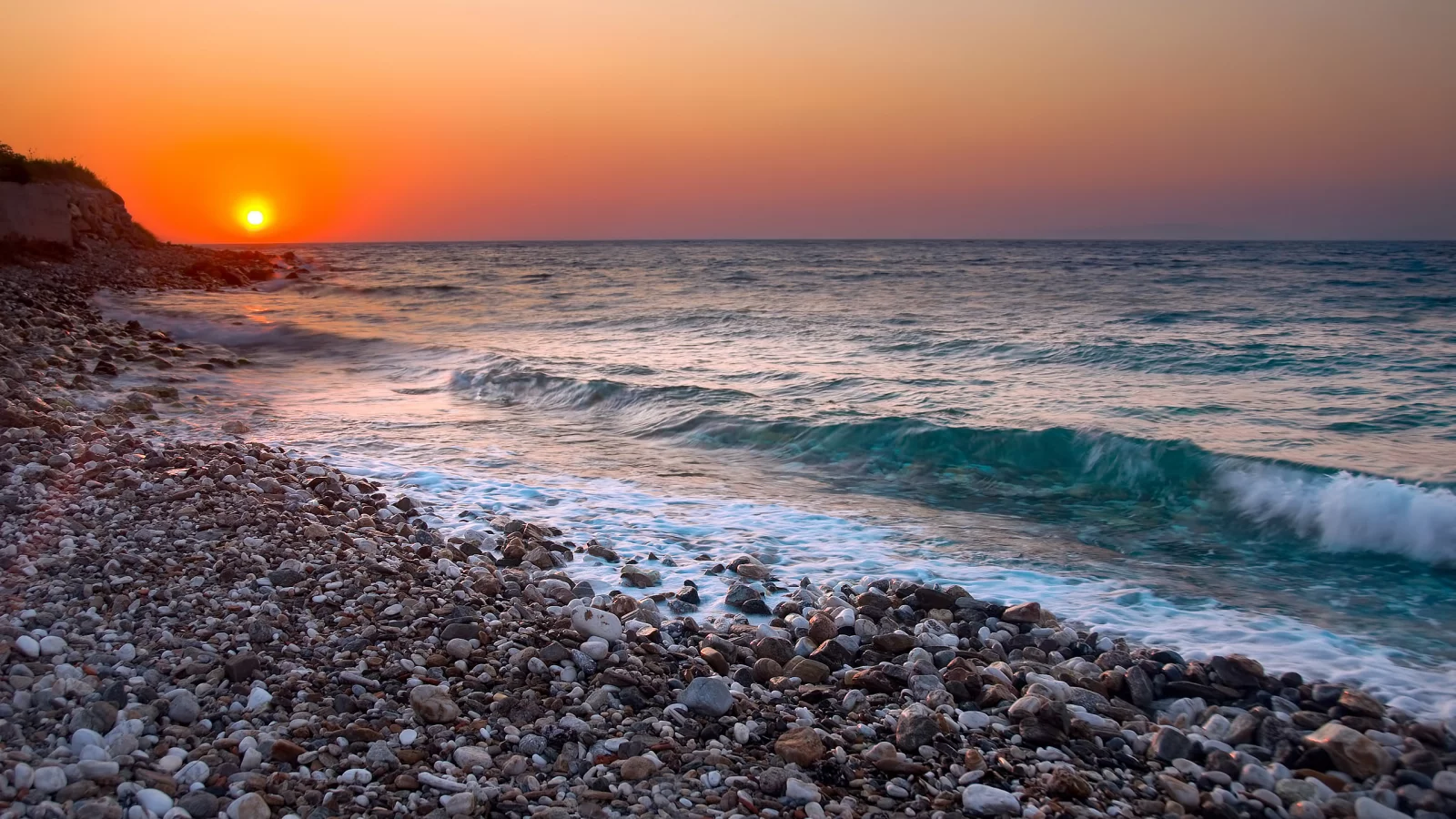 галька, горизонт, закат, море, волны