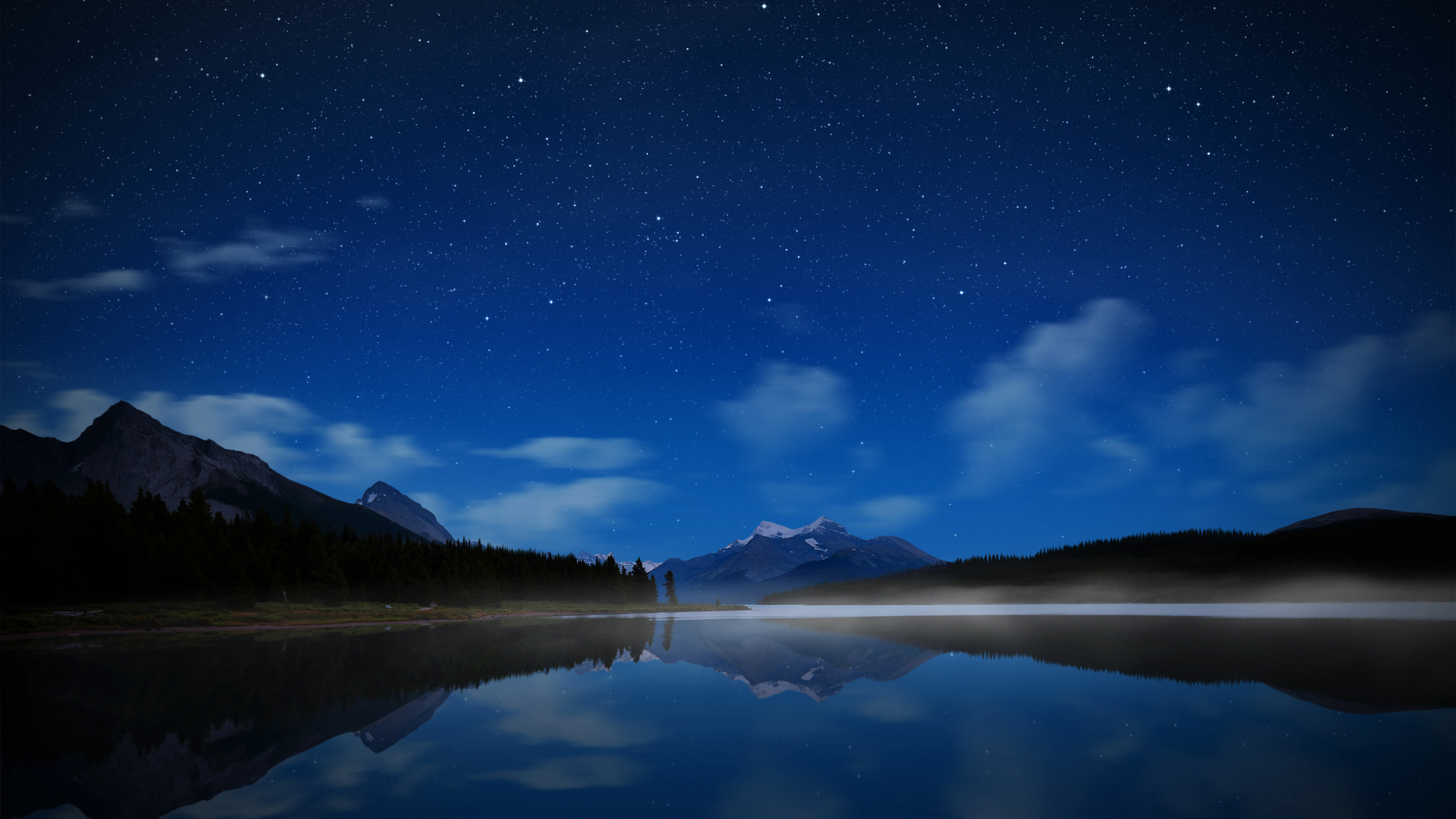 ночь, вода, звезды, горы, небо, парк джаспер, канада, озеро