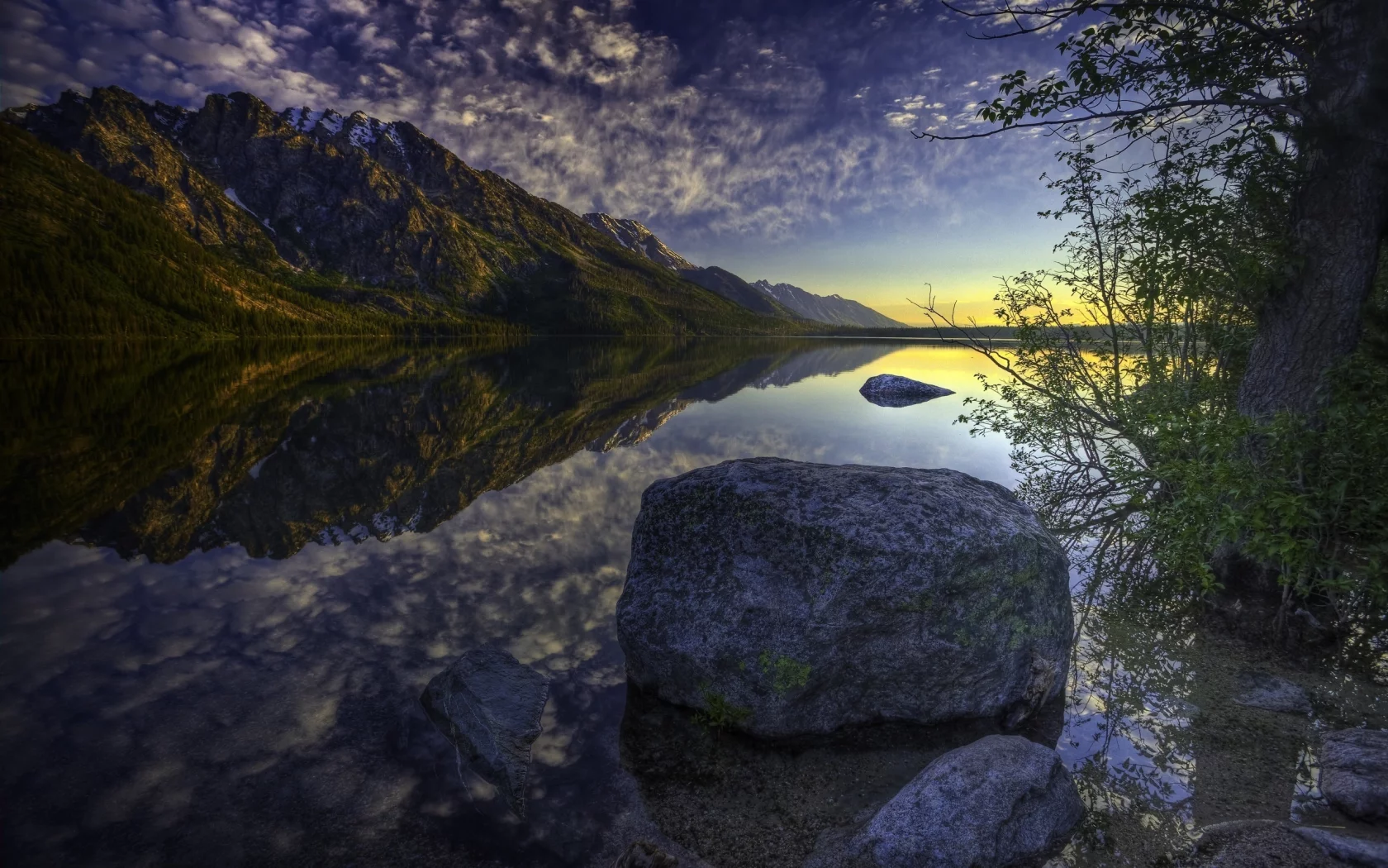 камень, вода, берег, небо, закат