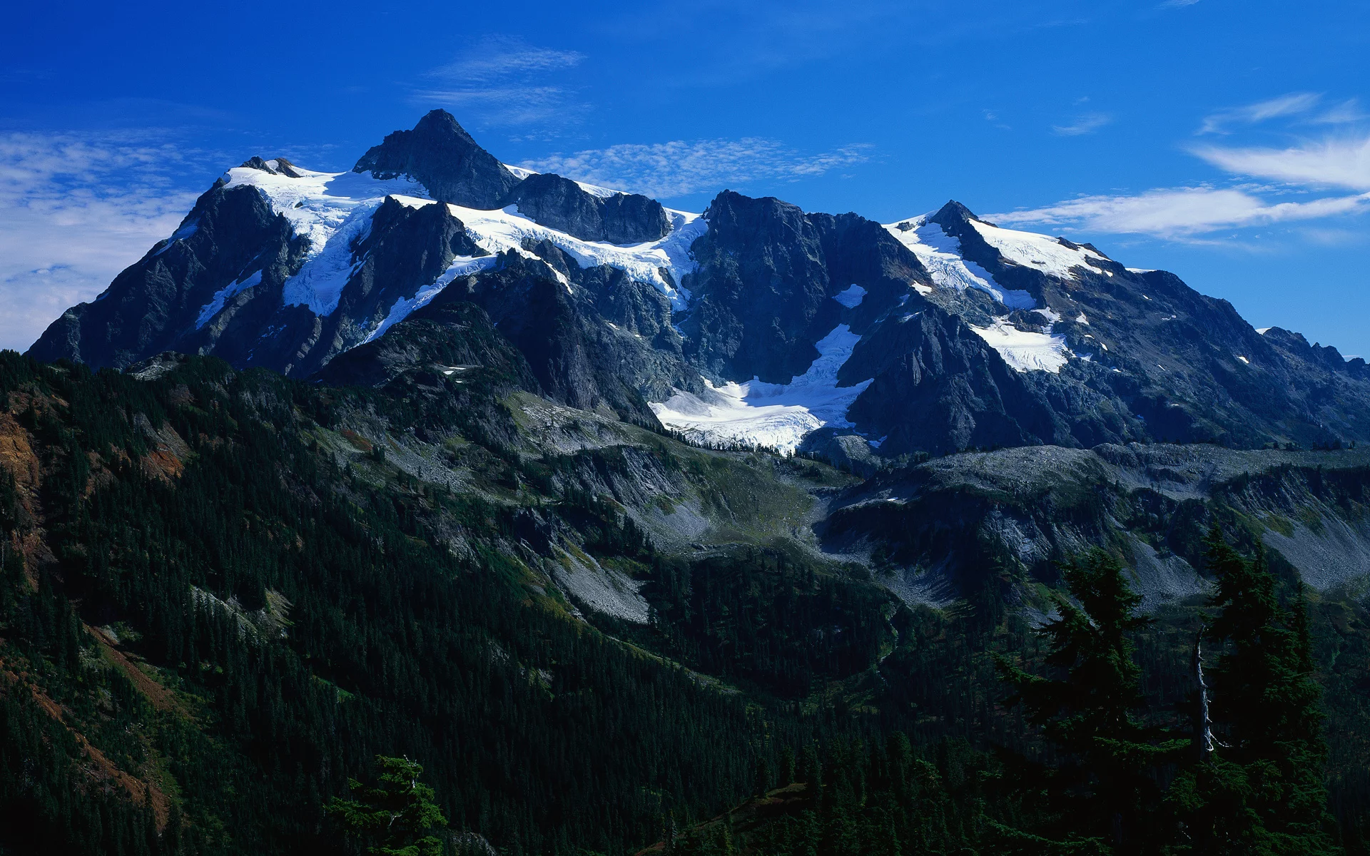 лес, панорама, небо, горы, снег