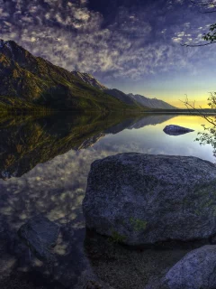 камень, вода, берег, небо, закат