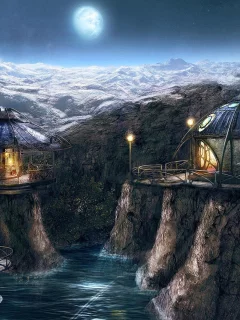 луна, река, горы, деревня