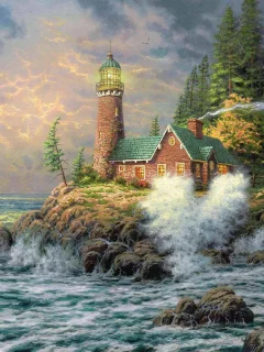 живопись, картина, маяк, море