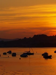 закат, море, лодки, вода