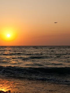 закат, море, побережье, сомолет