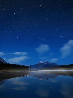 ночь, вода, звезды, горы, небо, парк джаспер, канада, озеро