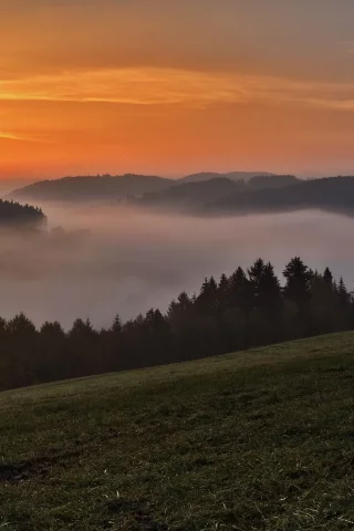 панорама, закат, горы, туман