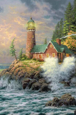 живопись, картина, маяк, море