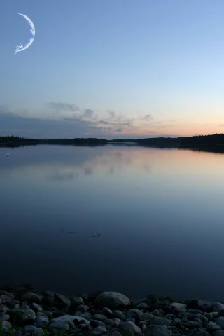 река, месяц, камни, сумерки