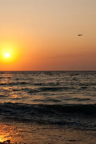закат, море, побережье, сомолет