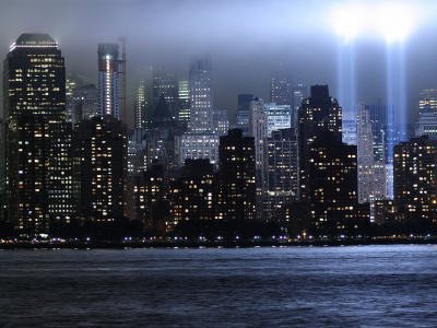 всемирный торговый центр, нью-йорк, мемориал, свет, небоскребы, лучи