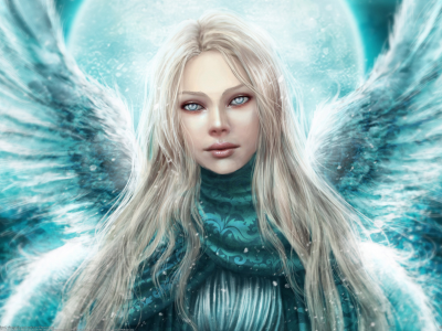 взгляд, зима, ангел, девушка, крылья