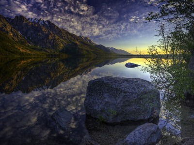 камень, вода, берег, небо, закат