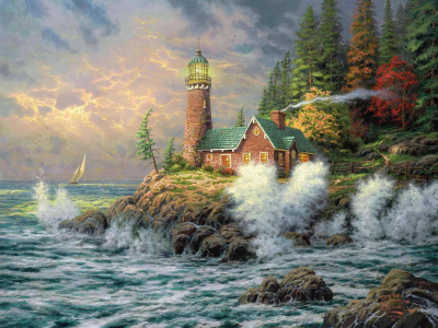 живопись, картина, маяк, море