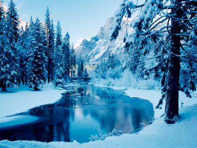 зима, горы, река, лёд, деревья