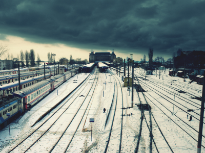 одиночество, зима, поезда, станция, провода, железная дорога, тучи
