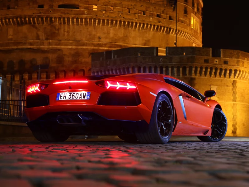 крепость, lp700-4, машины, суперкар, красный, автомобили, aventador, авентадор, брусчатка, ночь, авто, lamborghini, ламборгини, фонари
