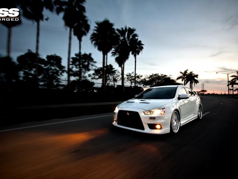 автомобили, фары, авто, дорога, машины, спорт, пальмы, iss, скорость, mitsubishi lancer, вечер, машина
