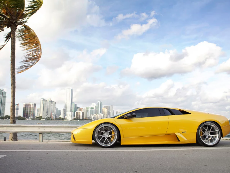 небо, ветер, lamborghini, желток, маями, дорога, облака, пальма, диски