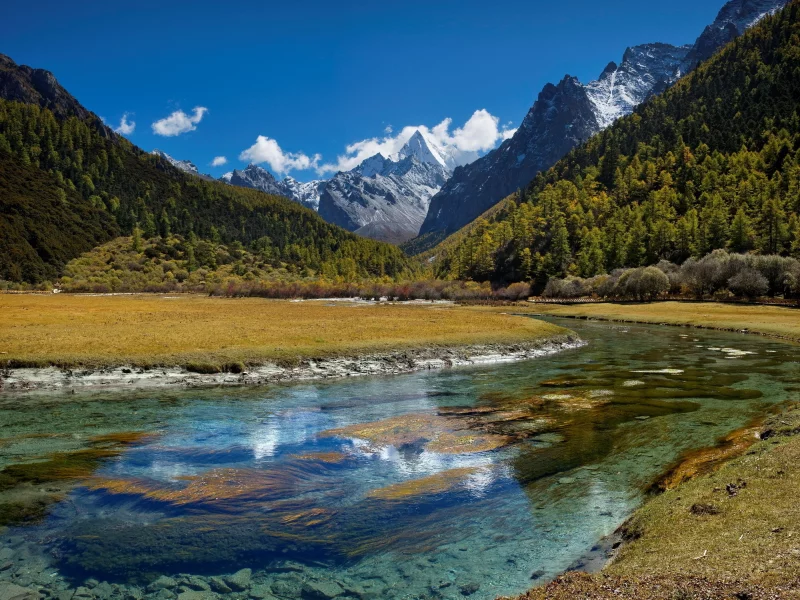 лес, горы, река, небо, облака