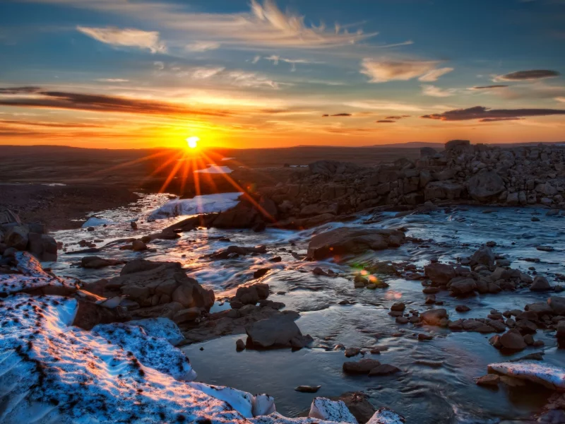 закат, камни, река