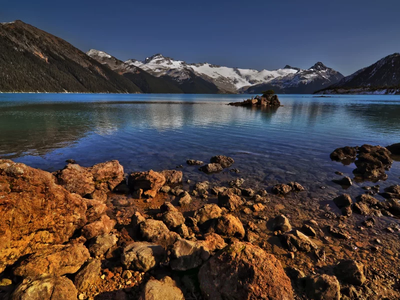 лес, вода, горы, камни, озеро, снег