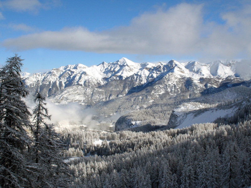 снег, облака, горы