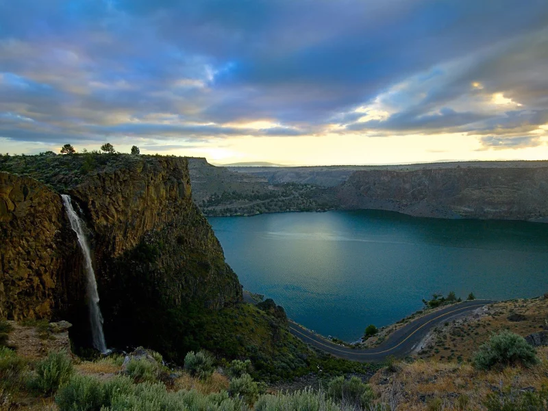 водопад, дорога, скалы