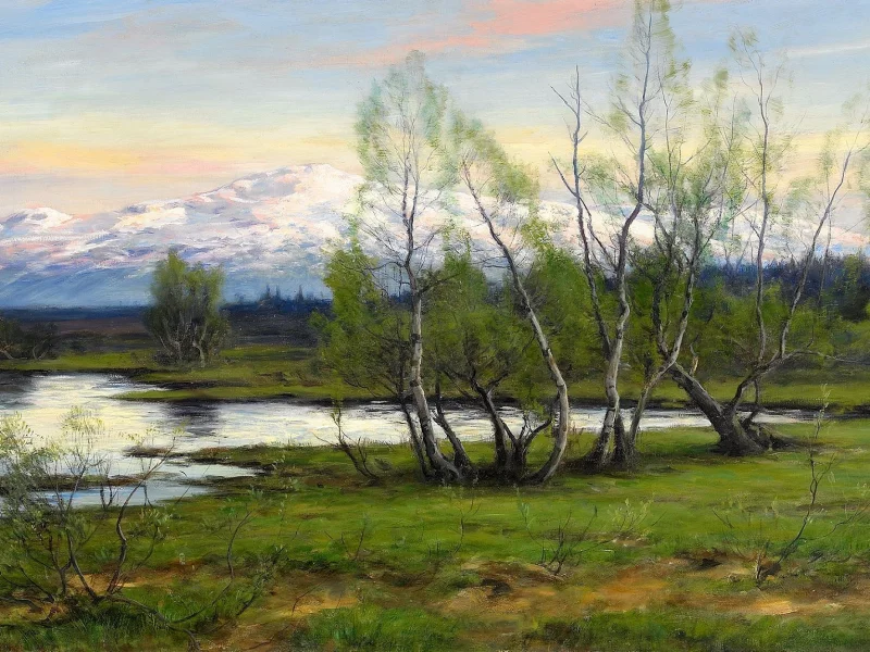 юхан тирен, горы и березы у водоёма, картина, природа