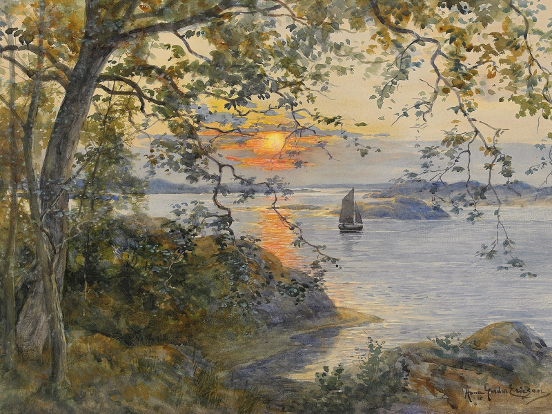анна гарделл-эриксон, вечер, береговой пейзаж с парусной лодкой в лучах заката