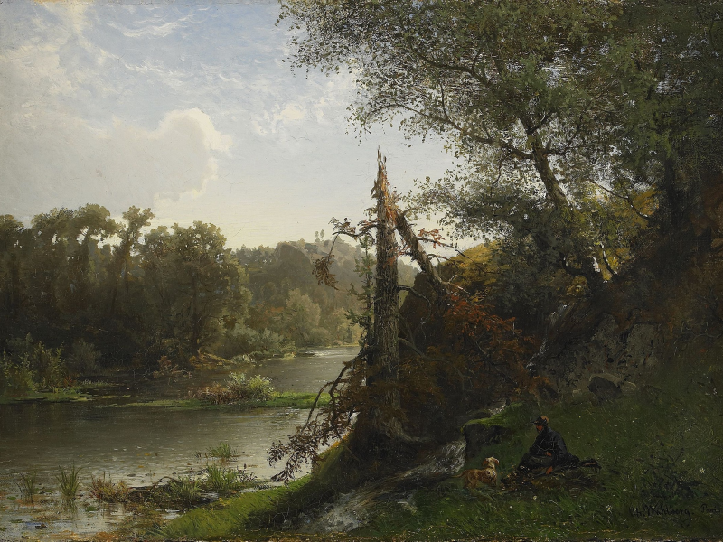 альфред валберг, река, речной ландшафт с охотником и собакой, природа