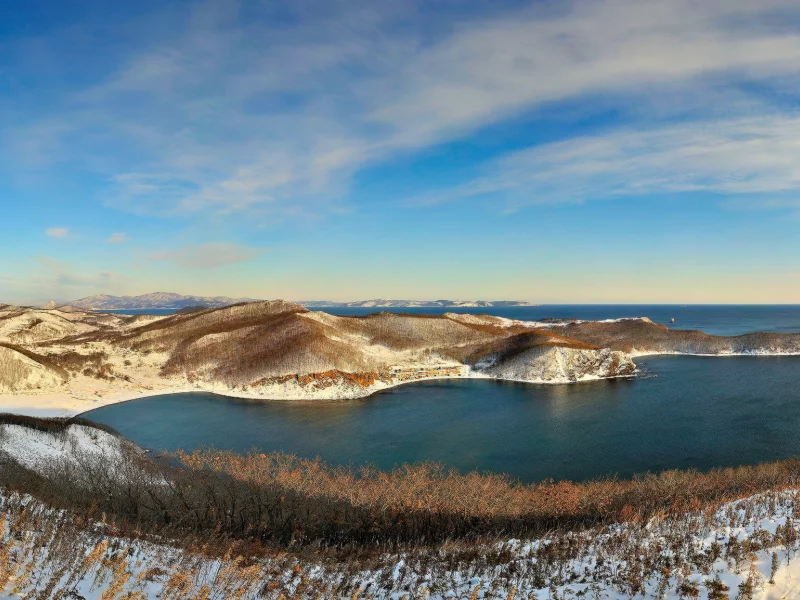 холмы, зима, панорама, море, снег