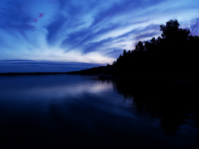 облака, вечер, синий, озеро