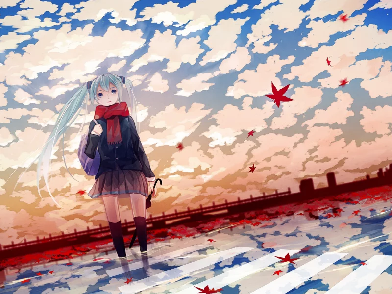 листочки, vokaloid, Обои аниме, зонтик, осень, мику, anime, вокалоид, девочка