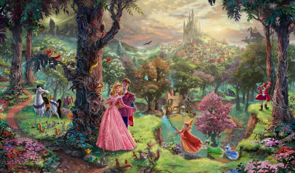 thomas kinkade, castle, живопись, лес, сказка, мультфильм, art, дома, деревья, персонажи, уолт дисней, томас кинкейд, painting, animated film, парк, walt disney, замок, дракон, спящая красавица, sleeping beauty