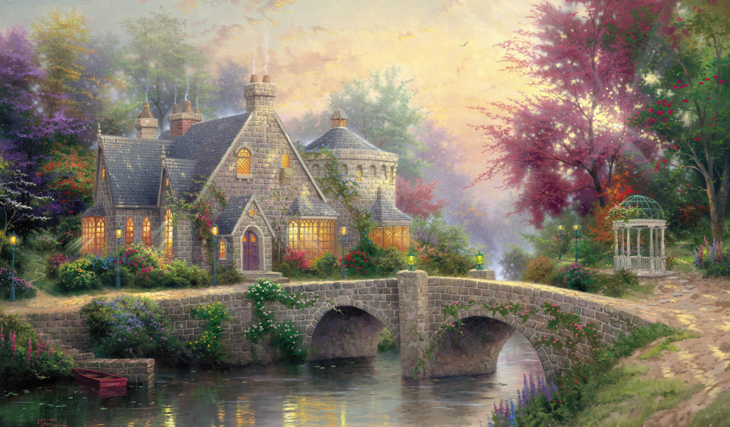 art, manor, lamps, thomas kinkade, bridge, painting, cottage, Lamplight manor, river, colorful