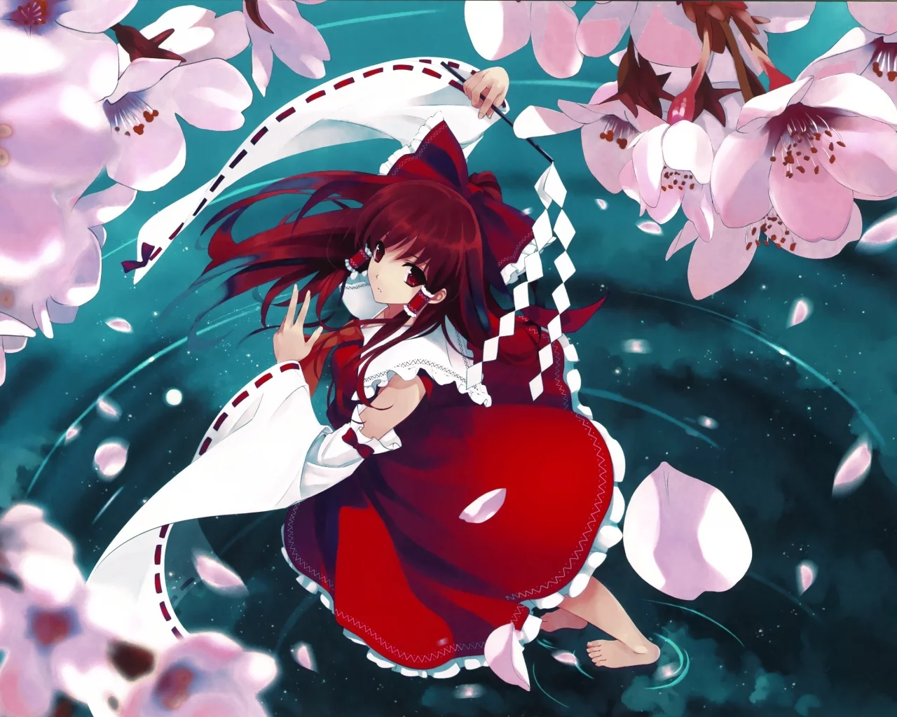 misaki kurehito, вода, лепестки, сакура, Hakurei reimu, touhou
