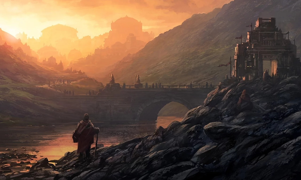 река, andreas rocha, Арт, замок, пейзаж, город, люди, мост