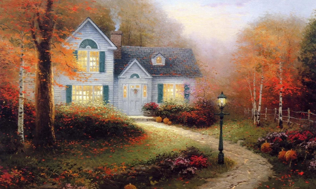 осень, кинкейд, живопись, картина, Thomas kinkade, фонарь