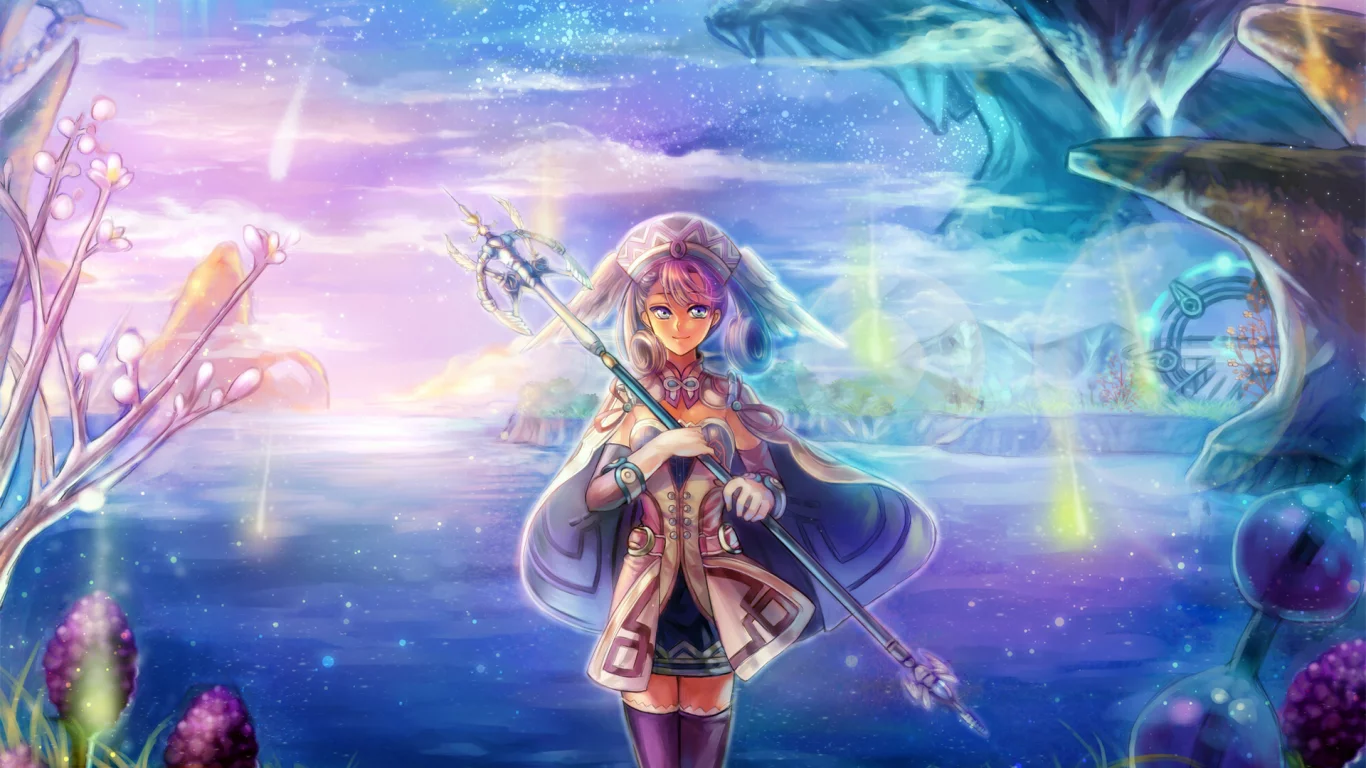 озеро, nadir, Арт, melia, xenoblade, скалы, game, посох, девушка
