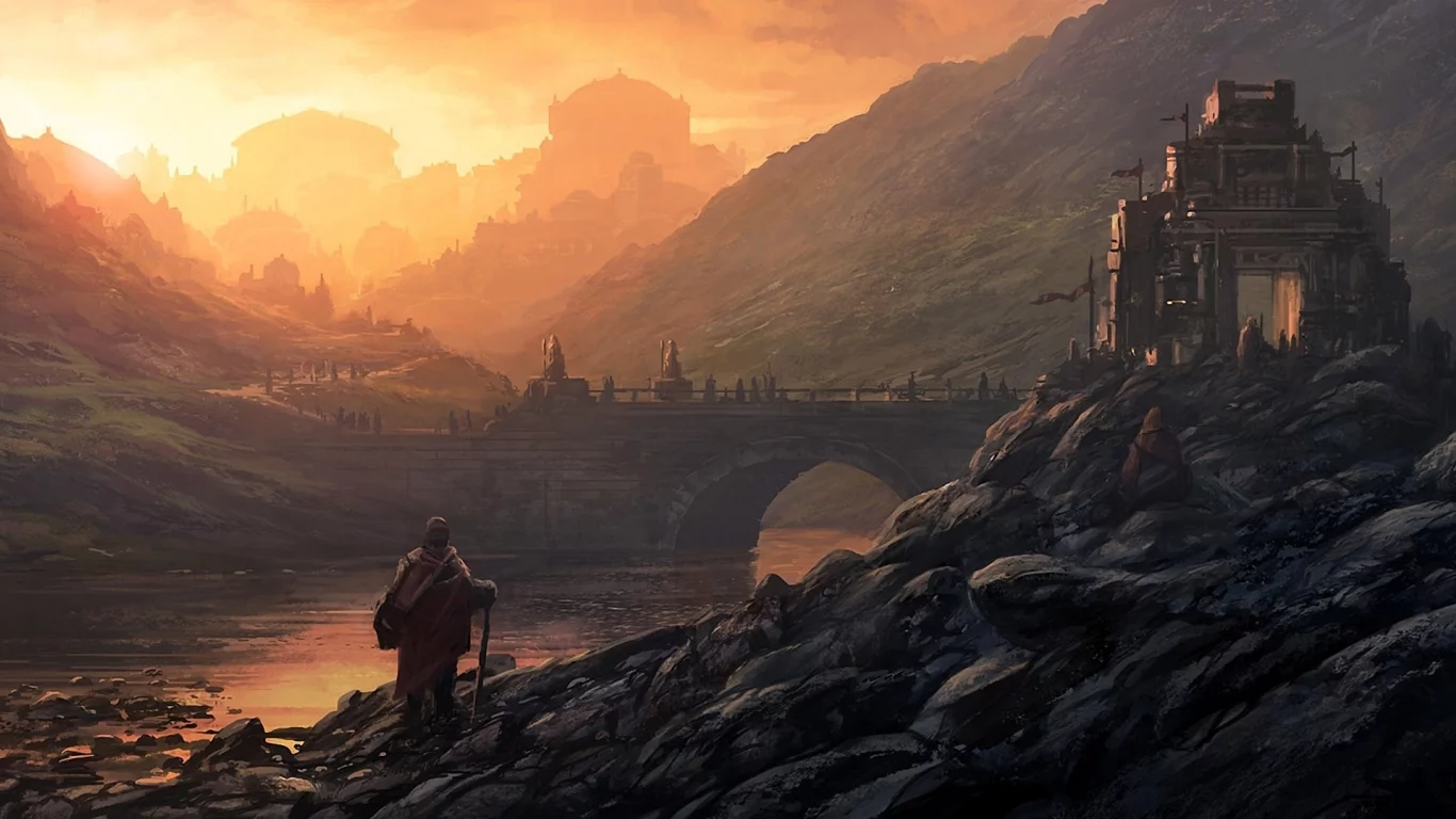 река, andreas rocha, Арт, замок, пейзаж, город, люди, мост