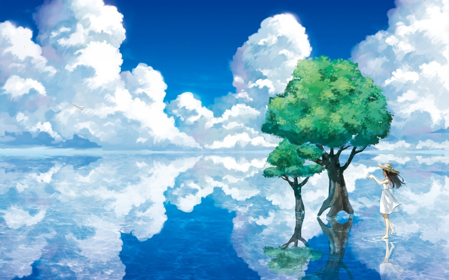 деревья, отражение, озеро, шляпа, арт, вода, бумажный самолетик, девочка, облака, пейзаж