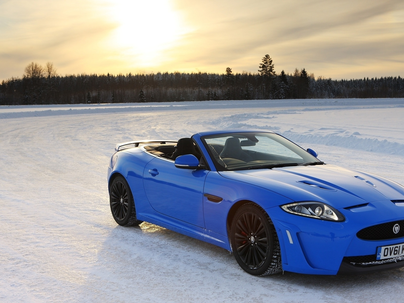 Jaguar, xkr-s, лес, convertible, синий, снег, зима, ягуар, кабриолет