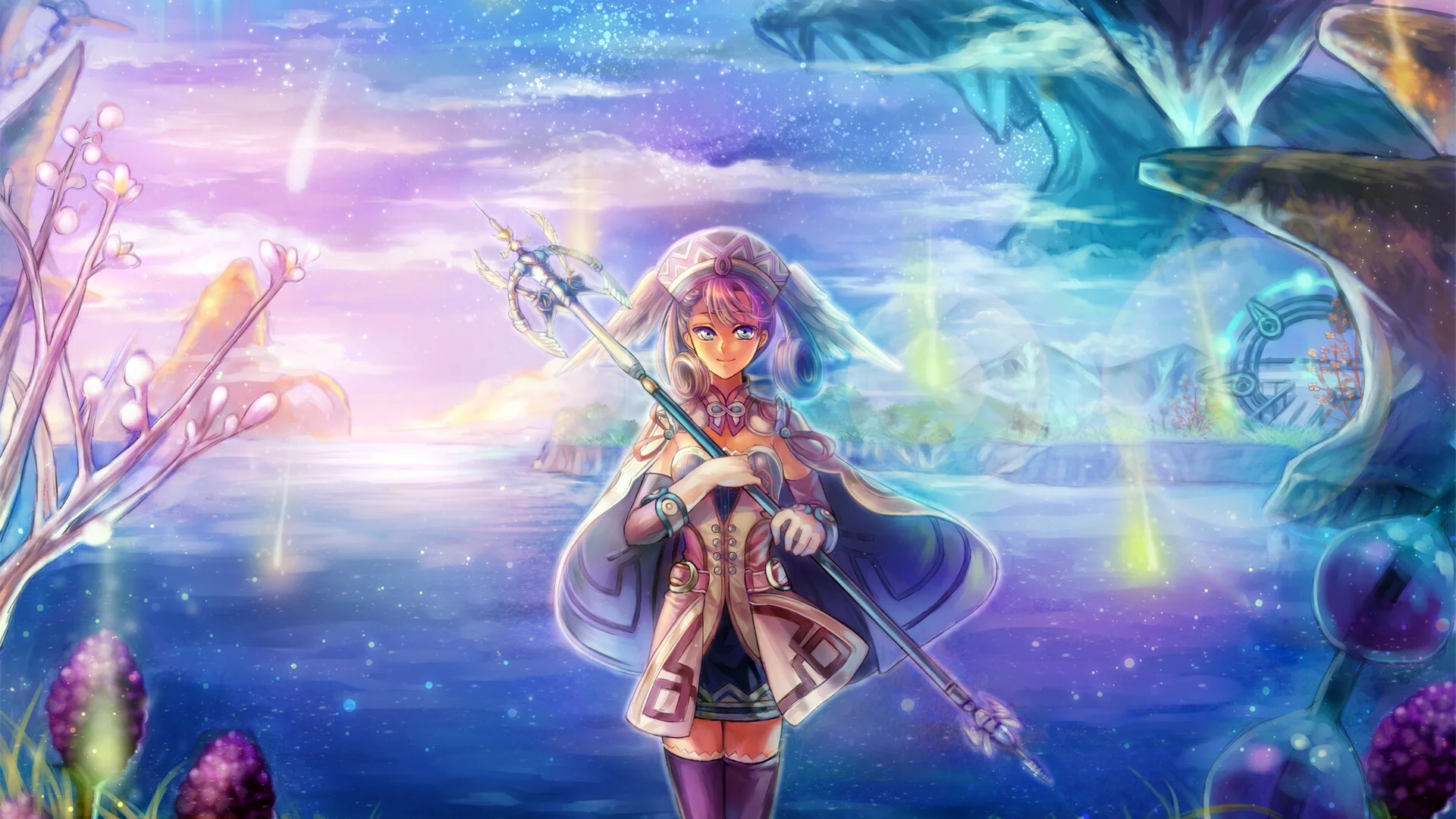 озеро, nadir, Арт, melia, xenoblade, скалы, game, посох, девушка